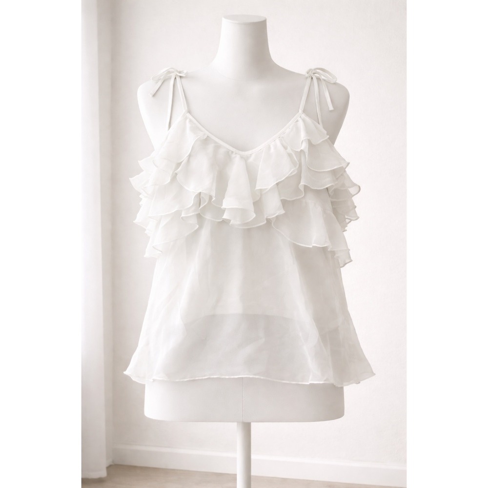 Know One Cares White Tiered Ruffle Camisole Chiffon‎ V-Neck Top GST2898 M